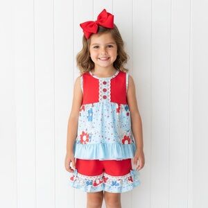 Girl's Red & Blue Floral Ruffle Short Set, outfit, kids, NWT